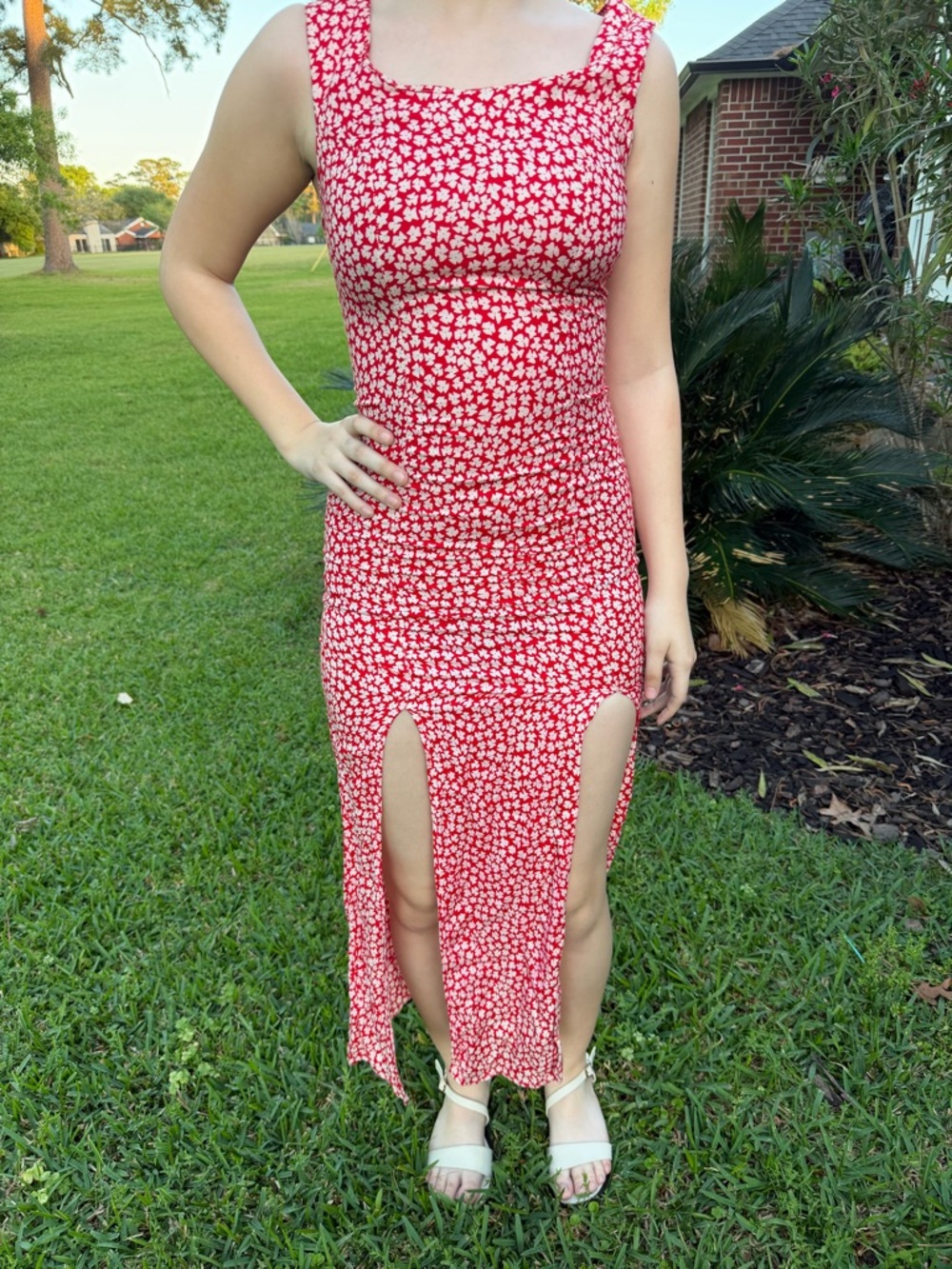 Vintage Joseph Kali Red Floral Midi Dress Double Slit Y2K 90s Bodycon Small